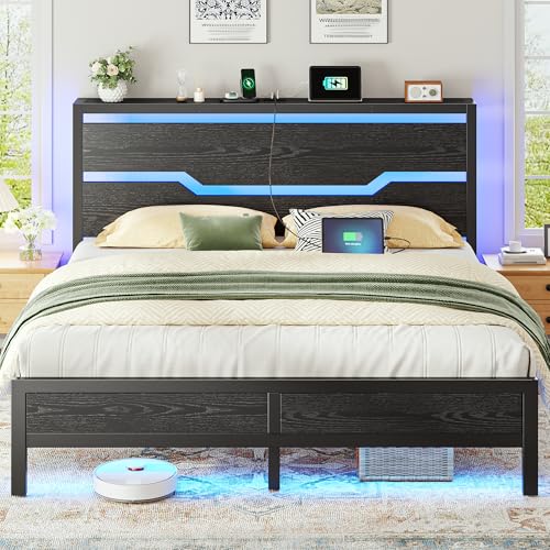 Homkdom Queen Bed Frame with Charge Station & Storage Headboard Shelf